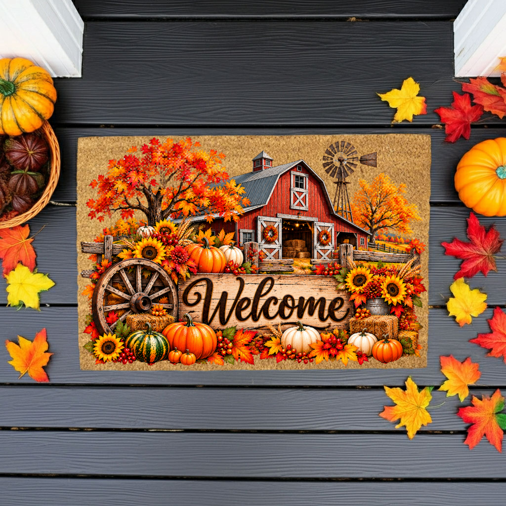 Fall Barn Welcome Doormat, Country Farmhouse Coir Mat, Autumn Pumpkin Door Mat, Harvest Porch Decor, Rustic Thanksgiving Welcome Mat