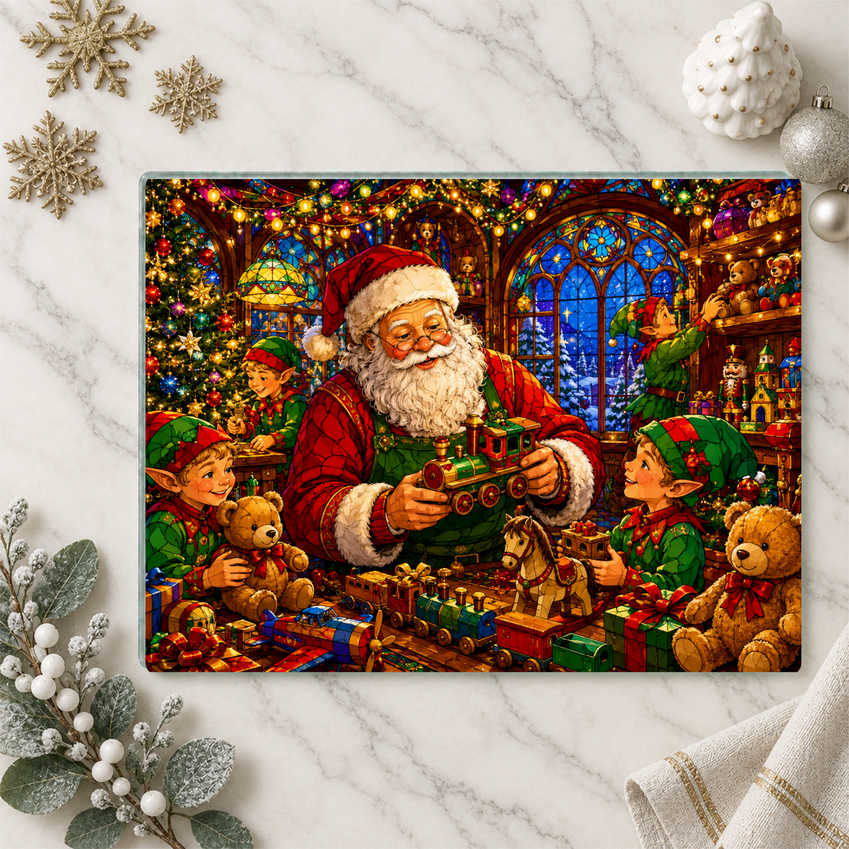 Santa Workshop Glass Cutting Board, Christmas Kitchen Decor, Santa and Elves Stained Glass Art, Holiday Serving Board, Christmas Gift