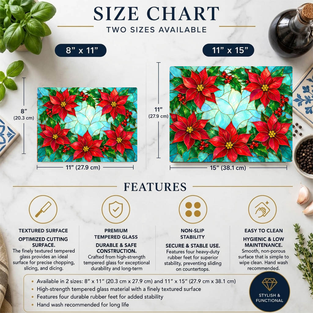 Poinsettia Glass Cutting Board, Christmas Kitchen Decor, Stained Glass Holiday Floral Chopping Board, Festive Hostess Gift for Home Cooks