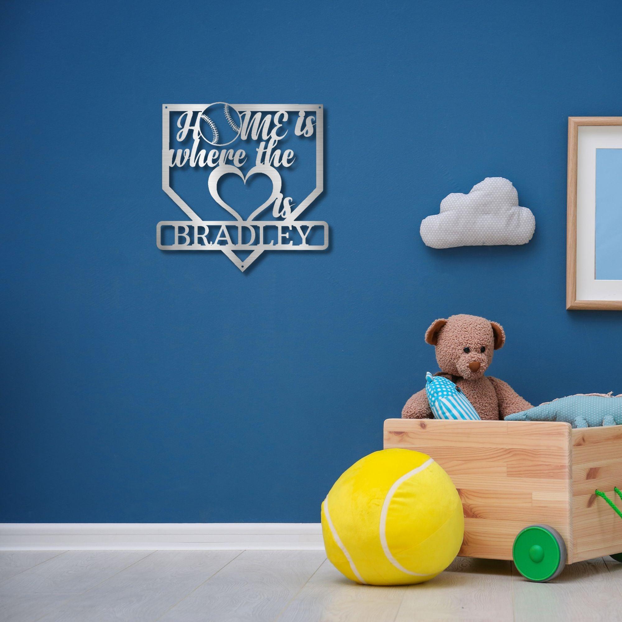 Baseball Home Is Where the Heart Is Custom Name Metal Art Wall Sign - Mallard Moon Gift Shop