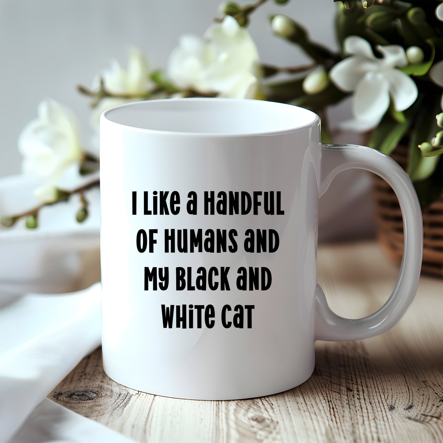 Funny Black and White Cat Gifts from Family for Birthday - I Like A Handful Of Humans And My Black And White Cat White Coffee Mug