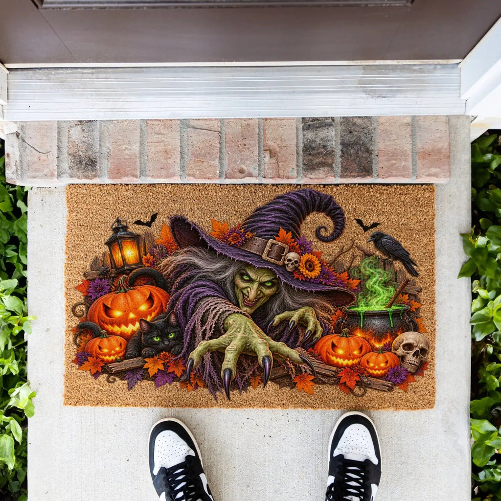 Horror Witch Doormat, Scary Halloween Coir Mat, Creepy Witch & Black Cat Welcome Mat, Pumpkin Porch Decor, Haunted House Door Mat