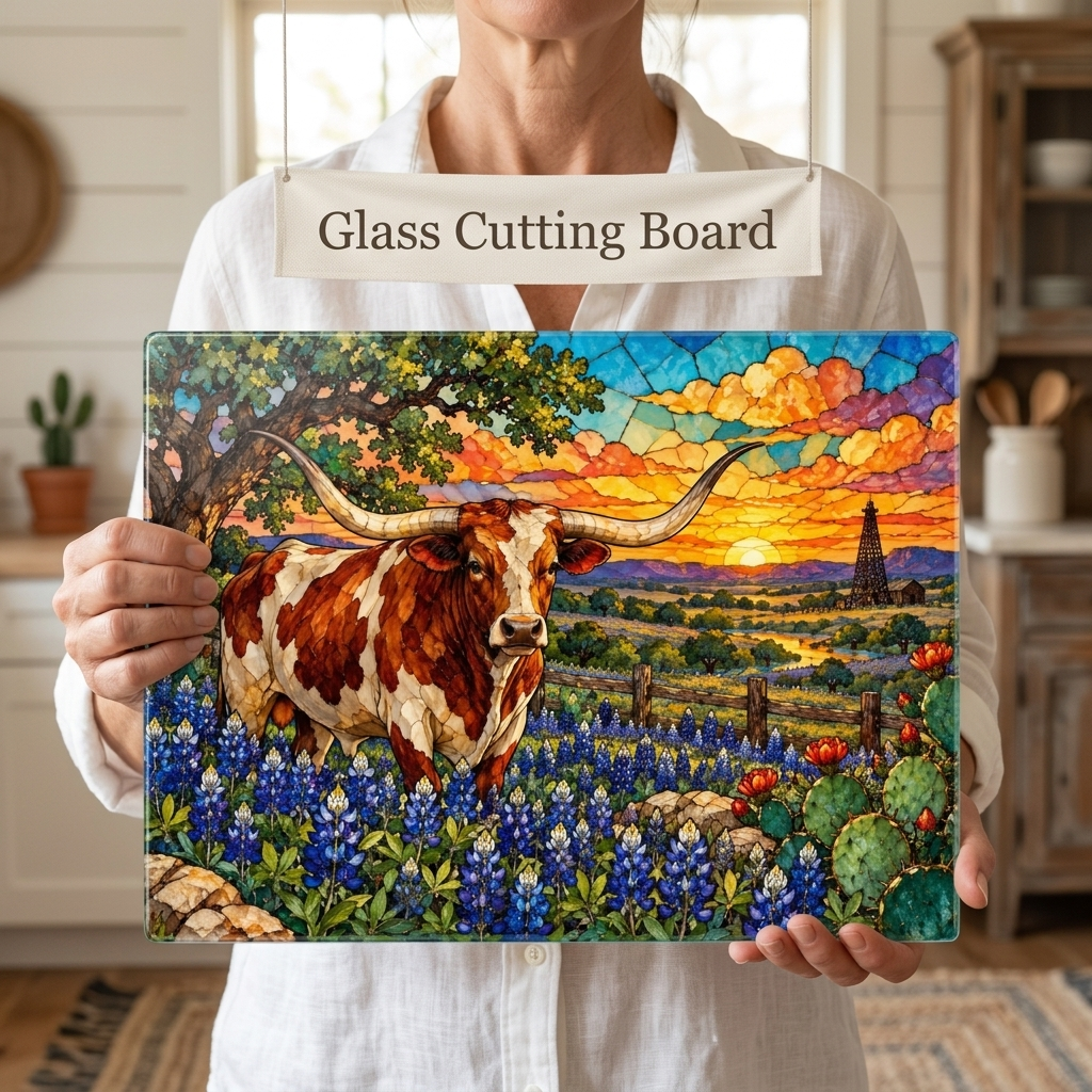 Texas Longhorn Glass Cutting Board, Bluebonnet Kitchen Decor, Texas Cow Gift, Western Kitchen Decor, Texas Housewarming Gift