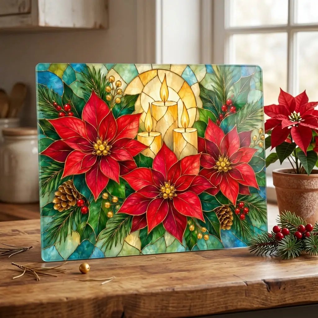 Christmas Poinsettia Glass Cutting Board, Holiday Candle Kitchen Decor, Tempered Chopping Board, Festive Winter Kitchen Gift Idea