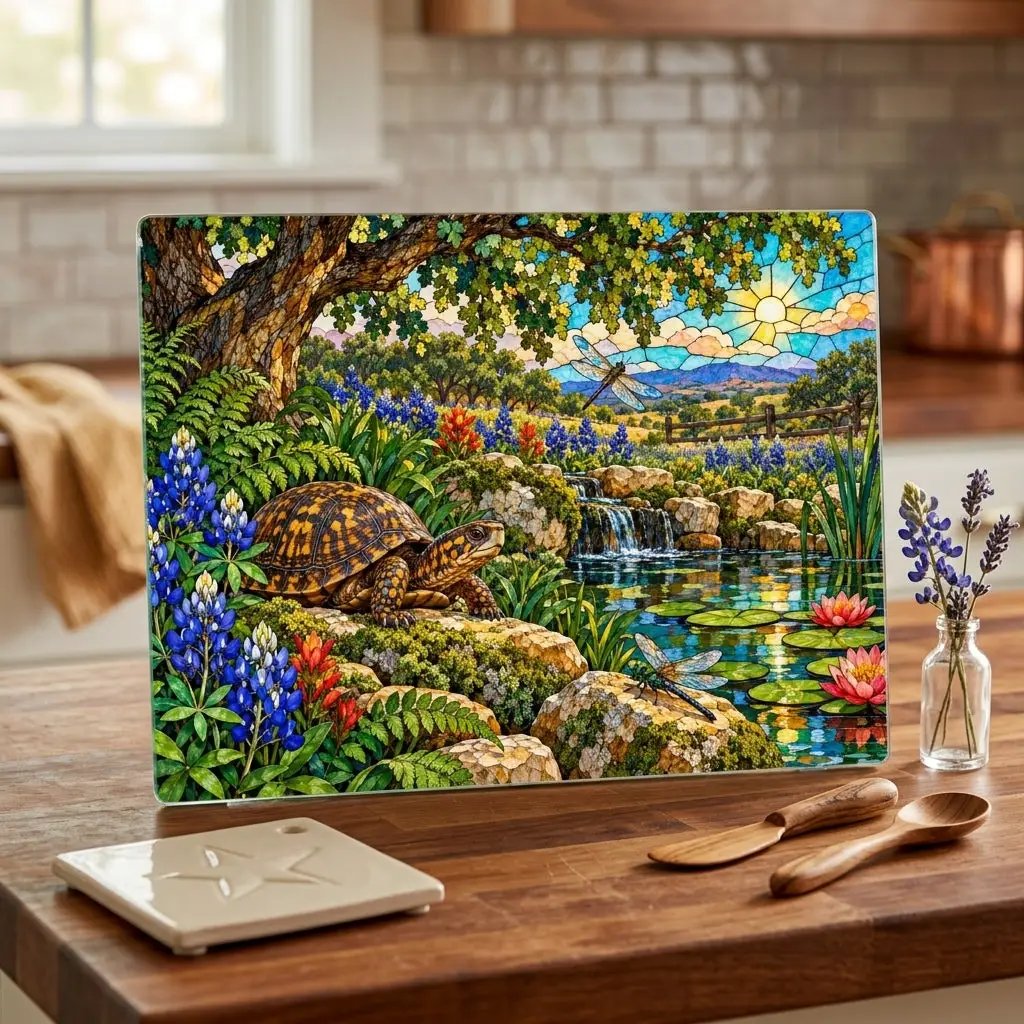 Box Turtle Glass Cutting Board, Texas Bluebonnet Kitchen Decor, Turtle and Dragonfly Gift, Wildlife Garden Cutting Board, Nature Decor