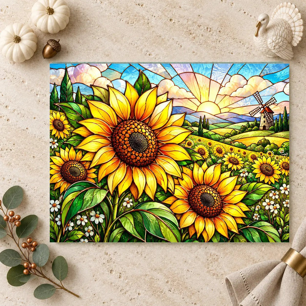 Sunflower Glass Cutting Board, Windmill Kitchen Decor, Sunflower Meadow Cutting Board, Country Floral Gift, Stained Glass Kitchen Art