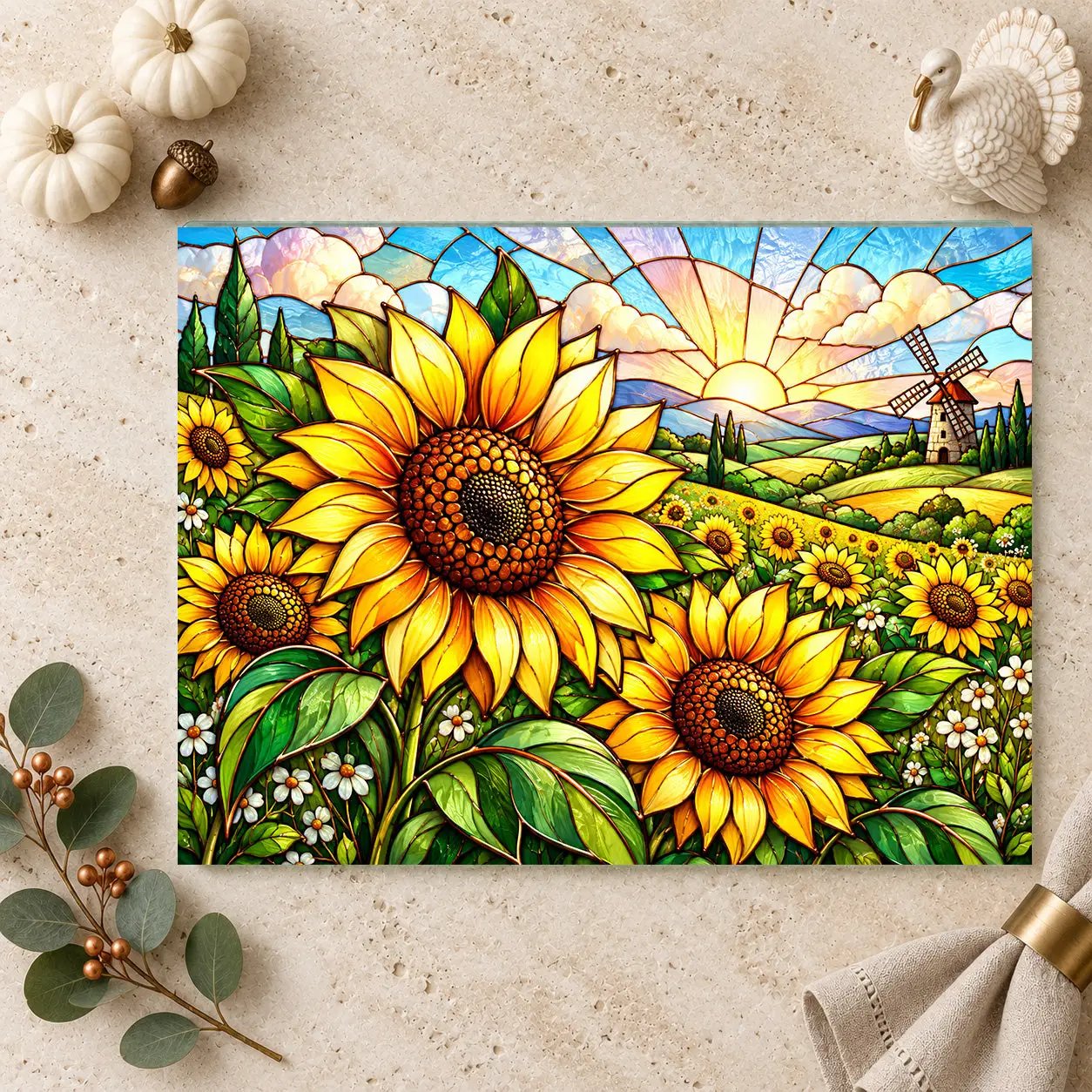 Sunflower Glass Cutting Board, Windmill Kitchen Decor, Sunflower Meadow Cutting Board, Country Floral Gift, Stained Glass Kitchen Art