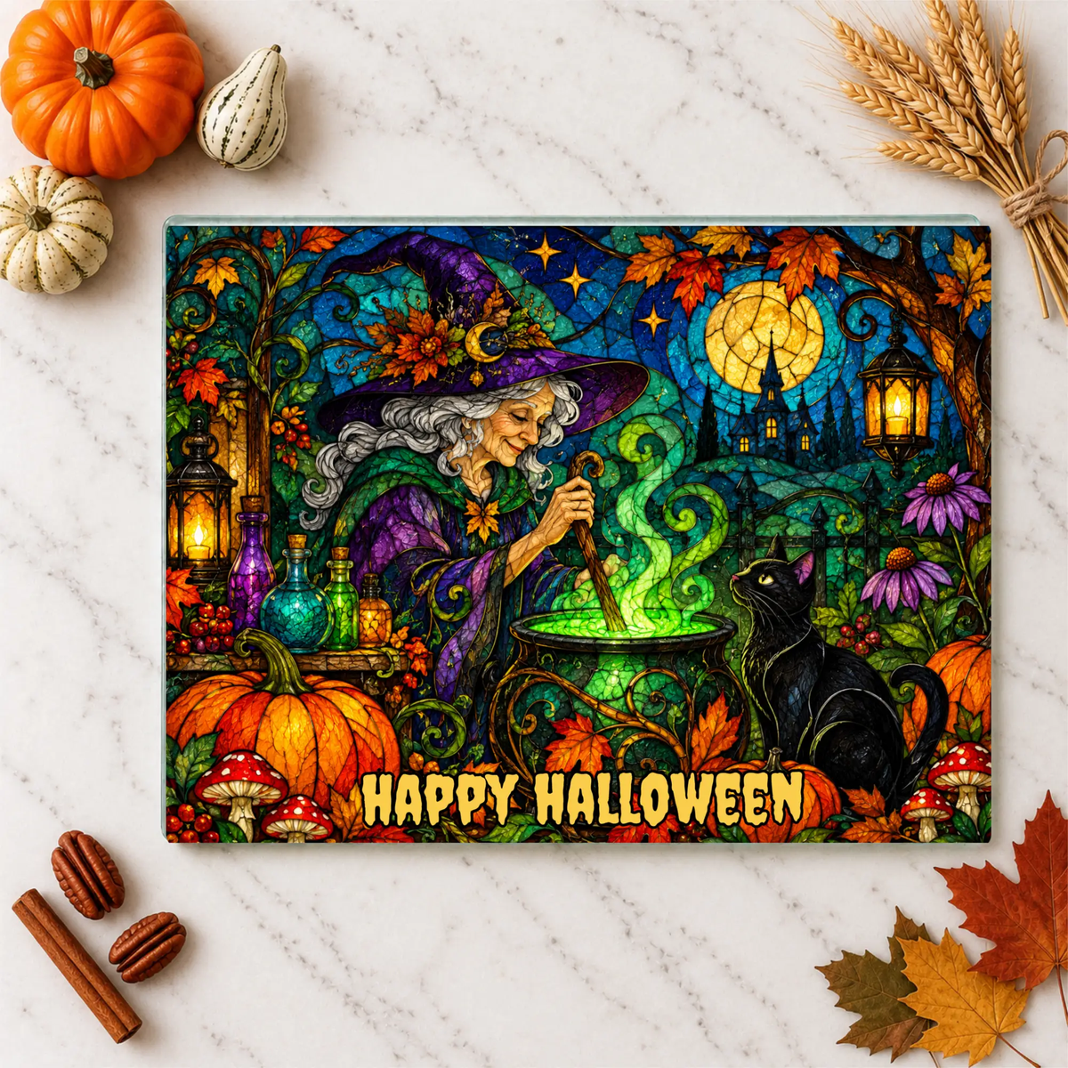 Halloween Witch Cauldron Personalized Glass Cutting Board, Spooky Black Cat Kitchen Decor