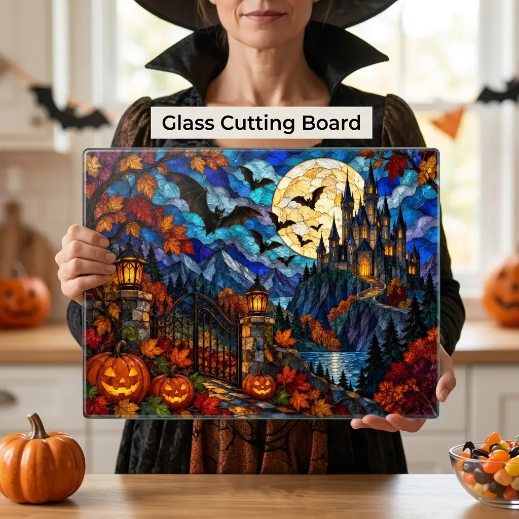 Halloween Castle Personalized Glass Cutting Board, Gothic Haunted House Kitchen Decor