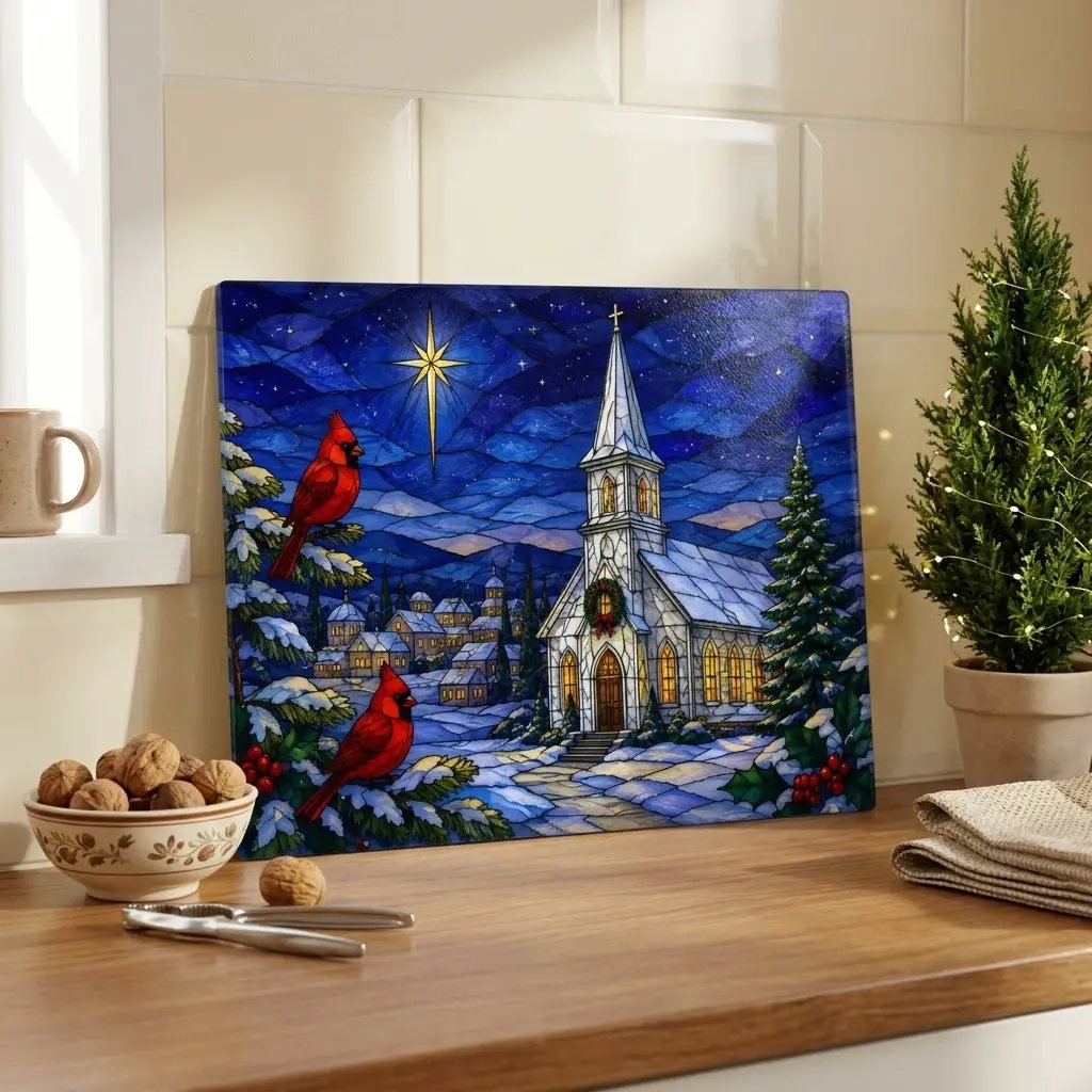 Christmas Church Glass Cutting Board, Cardinal Stained Glass Decor, Christian Christmas Kitchen Gift, Religious Holiday Decor