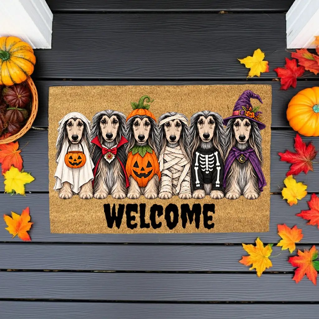 Dog Breed Personalized Halloween Costume Doormat, Custom Dog Welcome Mat, Halloween Coir Doormat, Family Name Dog Lover Gift