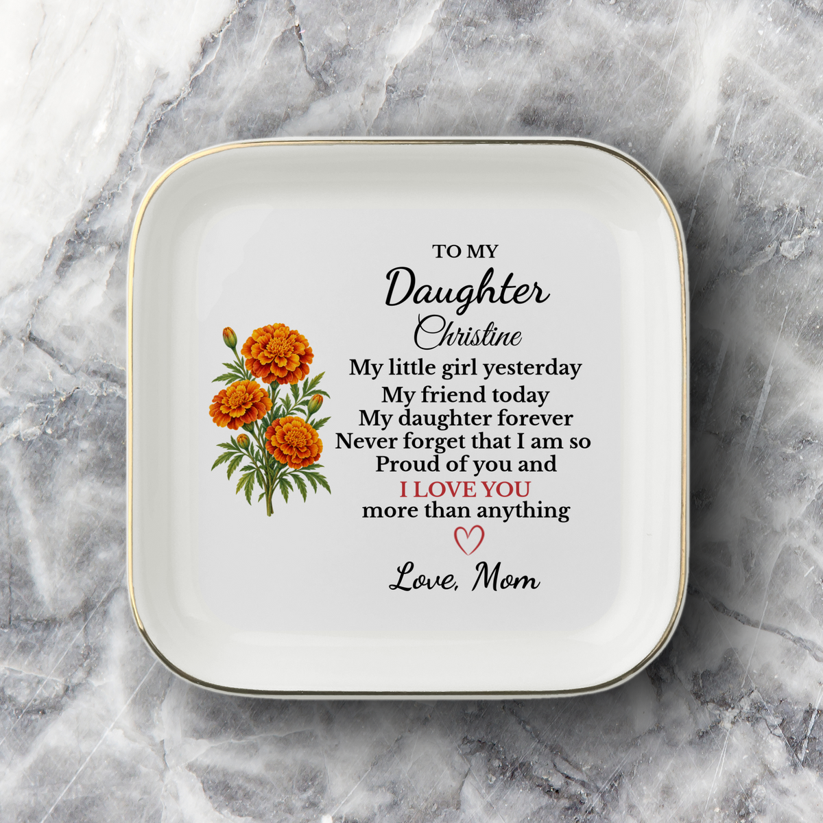Personalized Daughter Birth Flower Jewelry Dish, Custom Name Trinket Tray, Sentimental Gift from Mom, Birthday Gift for Adult Daughter