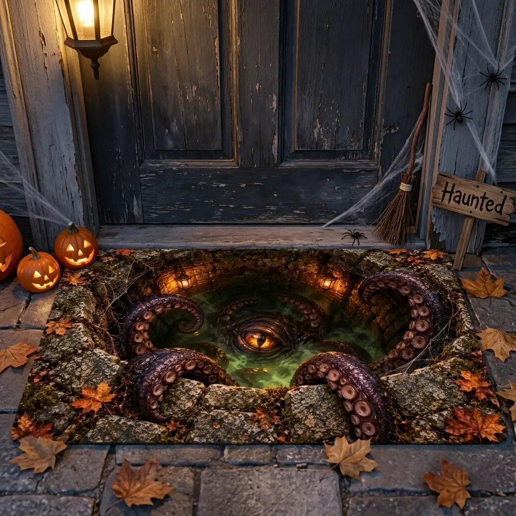 Tentacle Monster Halloween Doormat, 3D Creepy Creature Optical Illusion Mat, Horror Welcome Mat, Spooky Halloween Porch Decor