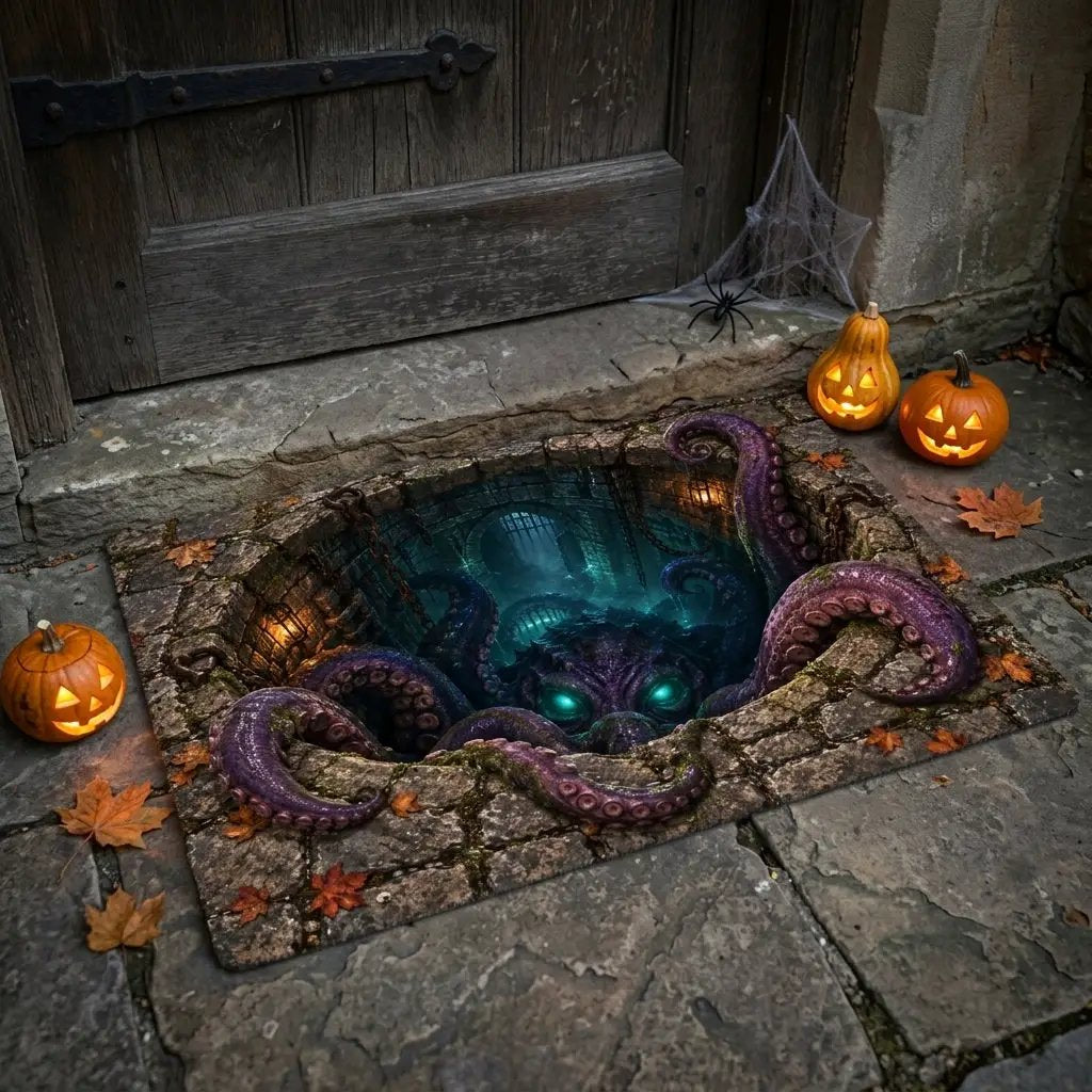 Tentacle Monster 3D Optical Illusion Doormat, Creepy Dungeon Floor Mat, Scary Octopus Monster Door Mat, Horror Halloween Decor