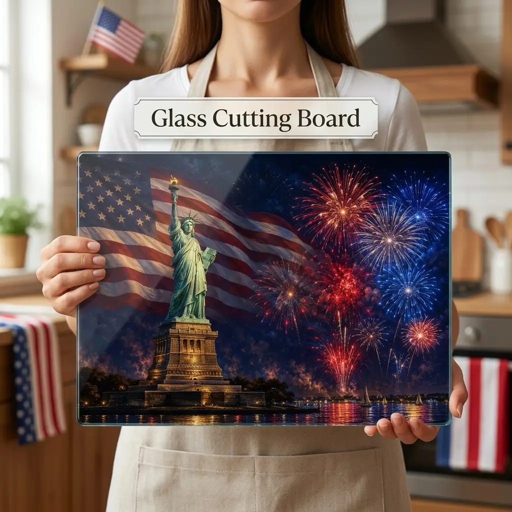 Statue of Liberty Cutting Board, American Flag Glass Cutting Board, 4th of July Kitchen Decor, Patriotic Gift, Americana Decor