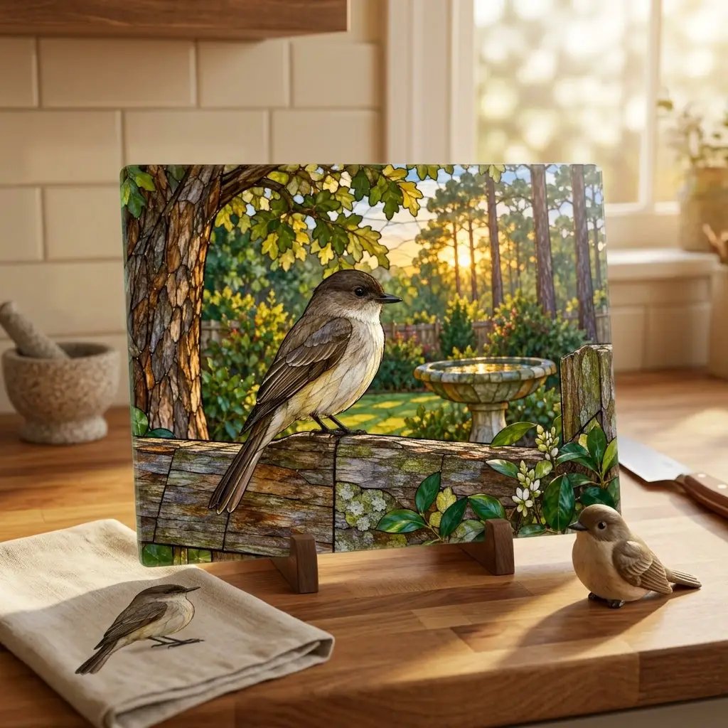 Eastern Phoebe Glass Cutting Board, Backyard Bird Kitchen Decor, Birdwatcher Gift, Bird Lover Gift, Nature Inspired Serving Board