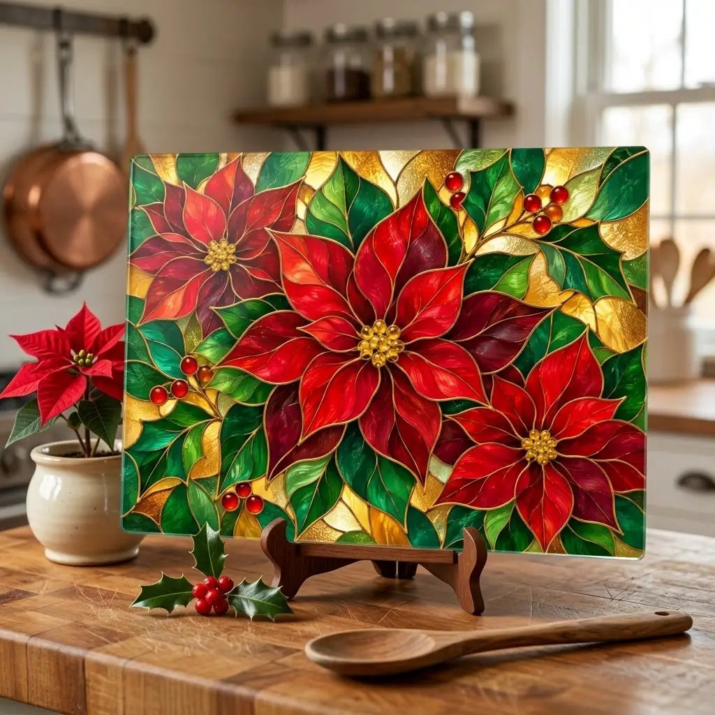 Christmas Poinsettia Glass Cutting Board, Holiday Kitchen Decor, Red Poinsettias and Holly, Festive Chopping Board, Seasonal Gift Idea
