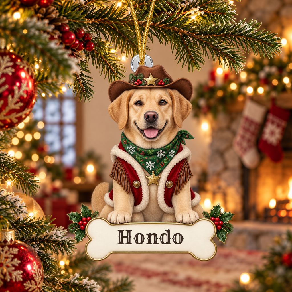 Personalized Cowboy Dog Christmas Ornament from Photo, Custom Pet Portrait Acrylic Cutout, Western Christmas Decor, Dog Lover Gift