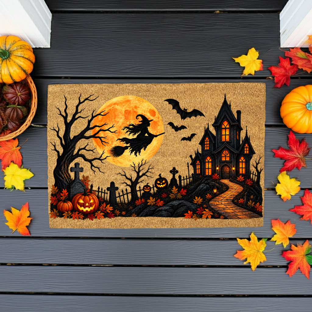 Halloween Witch Doormat, Haunted House Coir Welcome Mat, Spooky Graveyard Porch Decor, Full Moon Halloween Door Mat, Fall Entryway Decor