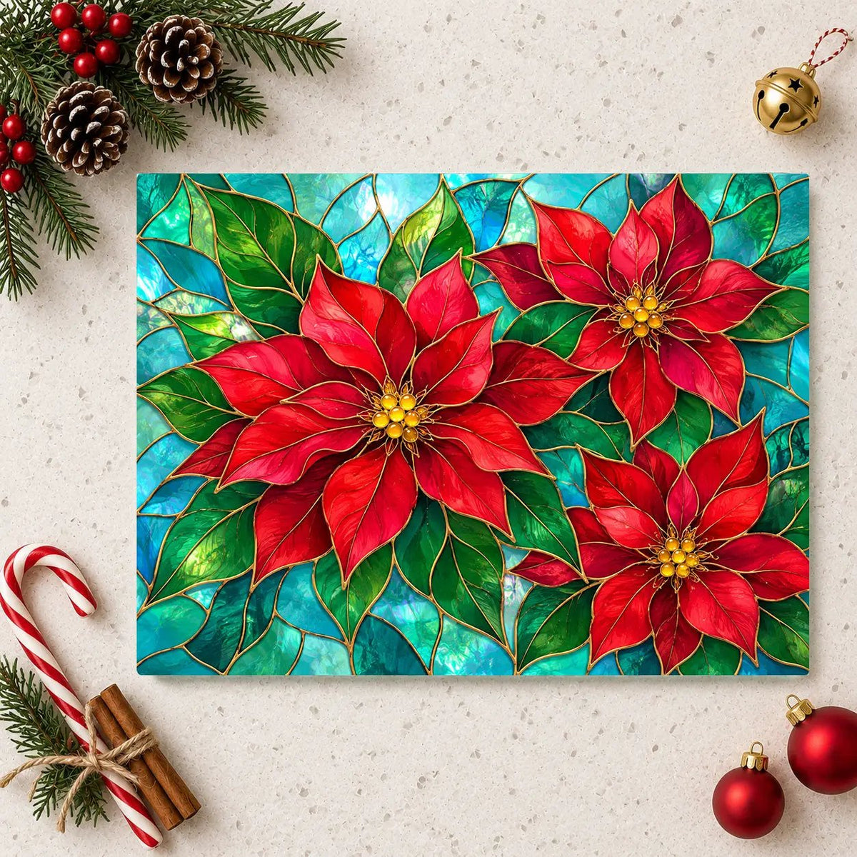 Christmas Poinsettia Glass Cutting Board, Red Floral Kitchen Decor, Tempered Chopping Board, Holiday Cooking Gift for Flower Lovers