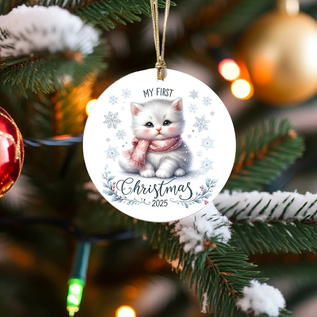 My First Christmas 2025 White Kitten Ornament – Baby’s First Christmas Keepsake, Cute Newborn Gift, Durable MDF Ornament with Gold Cord