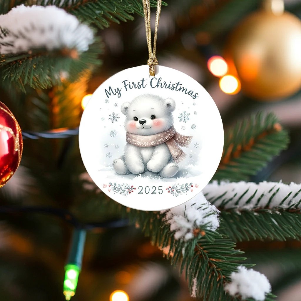 My First Christmas 2025 Bear Ornament – Baby’s First Christmas Keepsake, Cute Newborn Gift, Durable MDF Ornament with Gold Cord