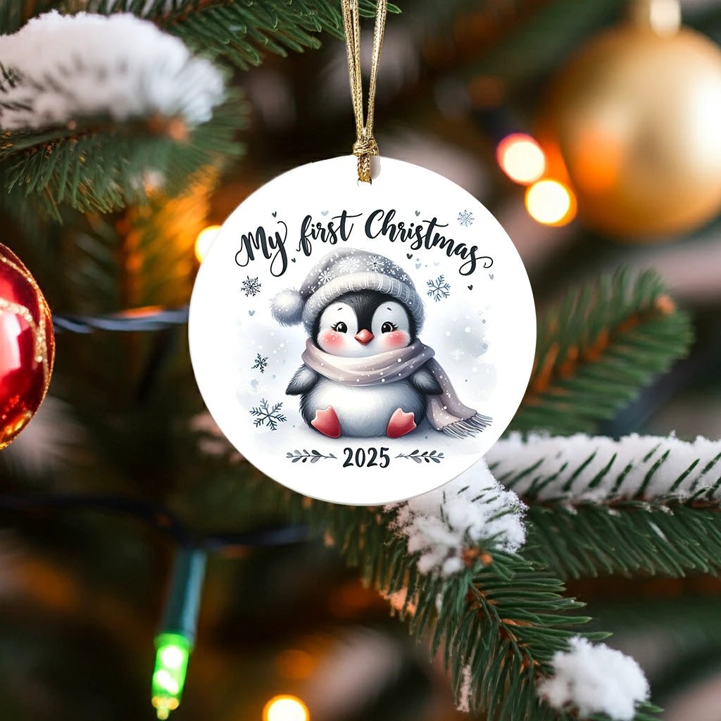 My First Christmas 2025 Penguin Ornament – Baby’s First Christmas Keepsake, Cute Newborn Gift, Durable MDF Ornament with Gold Cord