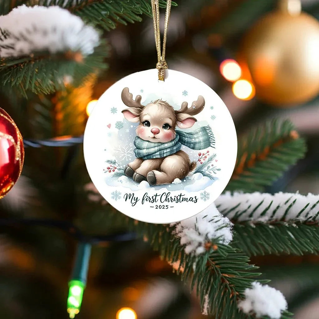 My First Christmas 2025 Moose Ornament – Baby’s First Christmas Keepsake, Cute Newborn Gift, Durable MDF Ornament with Gold Cord