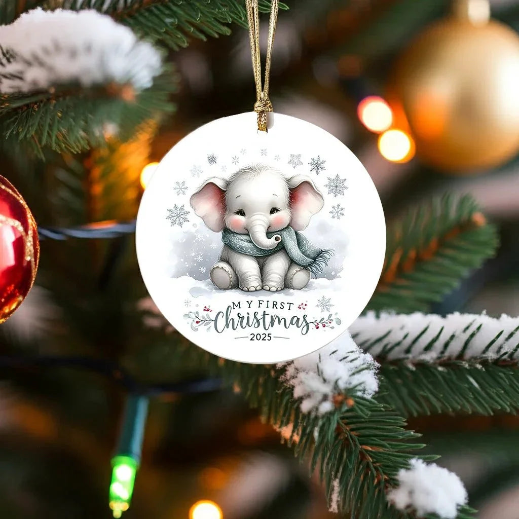 My First Christmas 2025 Elephant Ornament – Baby’s First Christmas Keepsake, Cute Newborn Gift, Durable MDF Ornament with Gold Cord