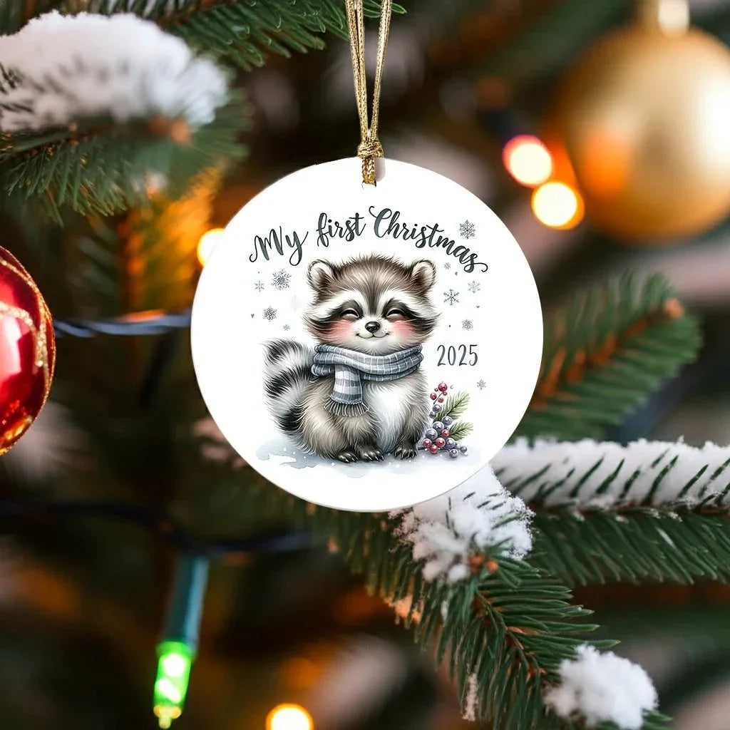 My First Christmas 2025 Raccoon Ornament – Baby’s First Christmas Keepsake, Cute Newborn Gift, Durable MDF Ornament with Gold Cord