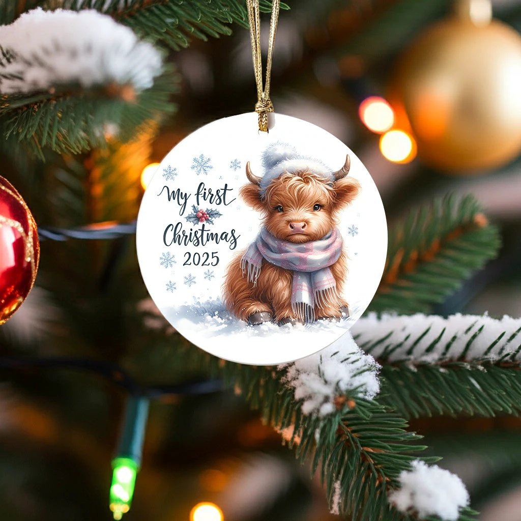 My First Christmas 2025 Highland Calf Ornament – Baby’s First Christmas Keepsake, Cute Newborn Gift, Durable MDF Ornament with Gold Cord