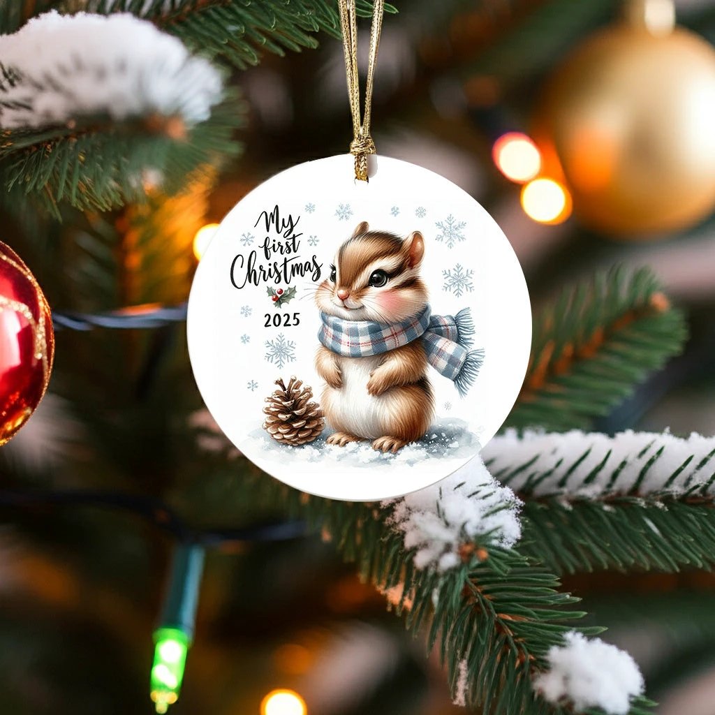My First Christmas 2025 Chipmunk Ornament – Baby’s First Christmas Keepsake, Cute Newborn Gift, Durable MDF Ornament with Gold Cord