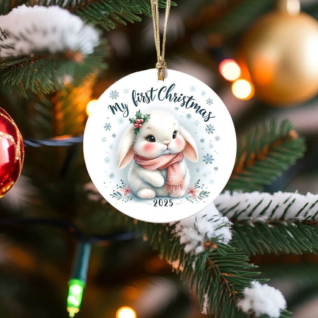 My First Christmas 2025 Bunny Ornament – Baby’s First Christmas Keepsake, Cute Newborn Gift, Durable MDF Ornament with Gold Cord