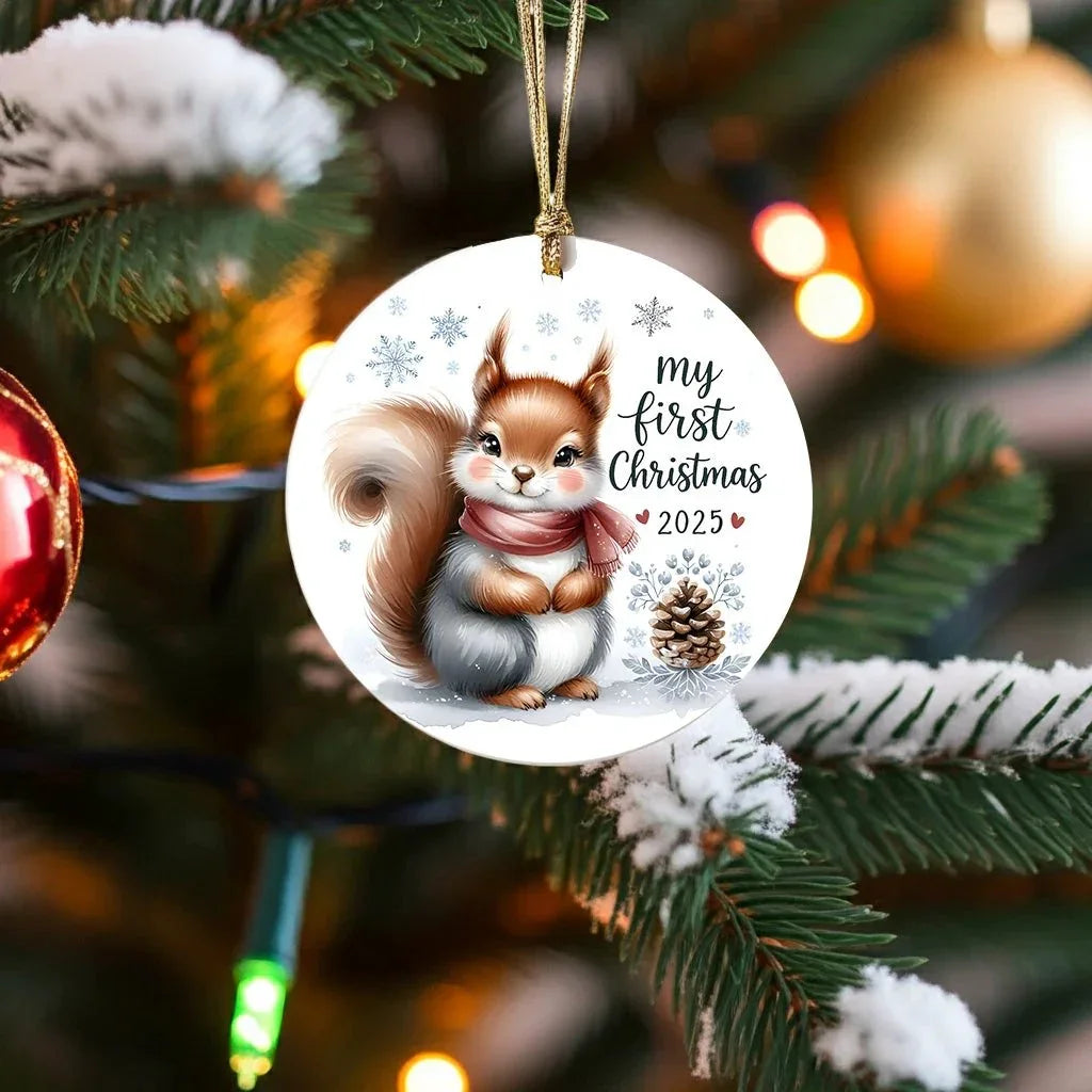 My First Christmas 2025 Squirrel Ornament – Baby’s First Christmas Keepsake, Cute Newborn Gift, Durable MDF Ornament with Gold Cord