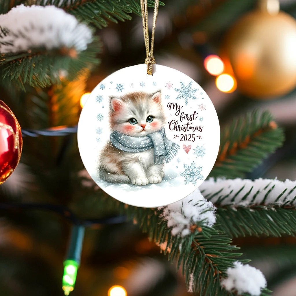My First Christmas 2025 Kitten Ornament – Baby’s First Christmas Keepsake, Cute Newborn Gift, Durable MDF Ornament with Gold Cord