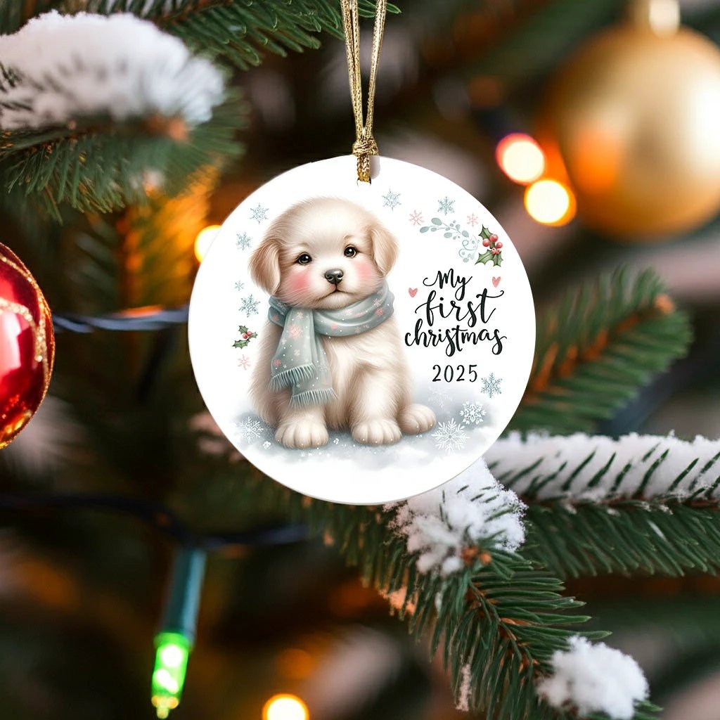 My First Christmas 2025 Puppy Ornament – Baby’s First Christmas Keepsake, Cute Newborn Gift, Durable MDF Ornament with Gold Cord