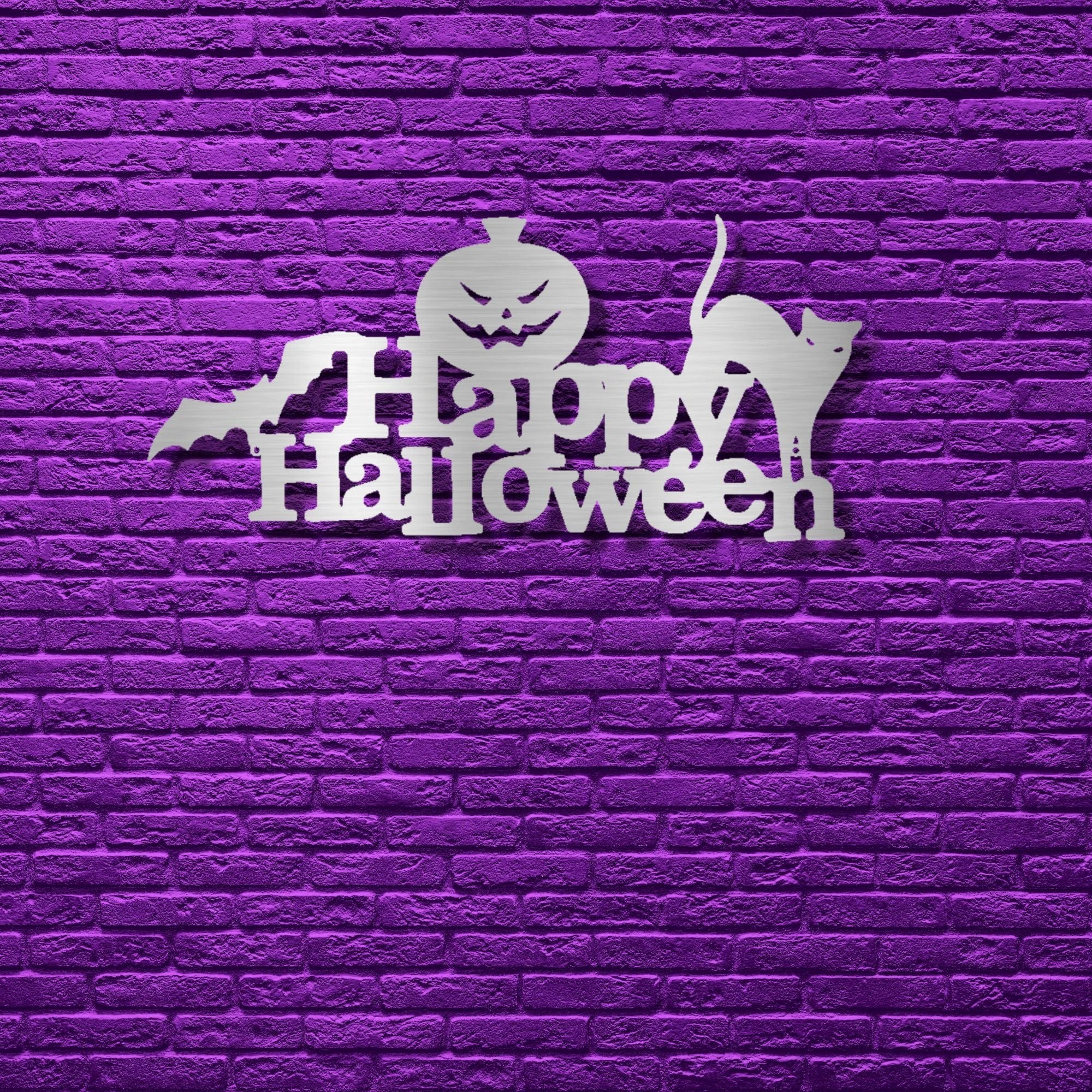 Happy Halloween Metal Wall Art Sign – Pumpkin Bat Cat Halloween Decor – Outdoor Powder Coated Steel Sign – Spooky Farmhouse Porch Decor