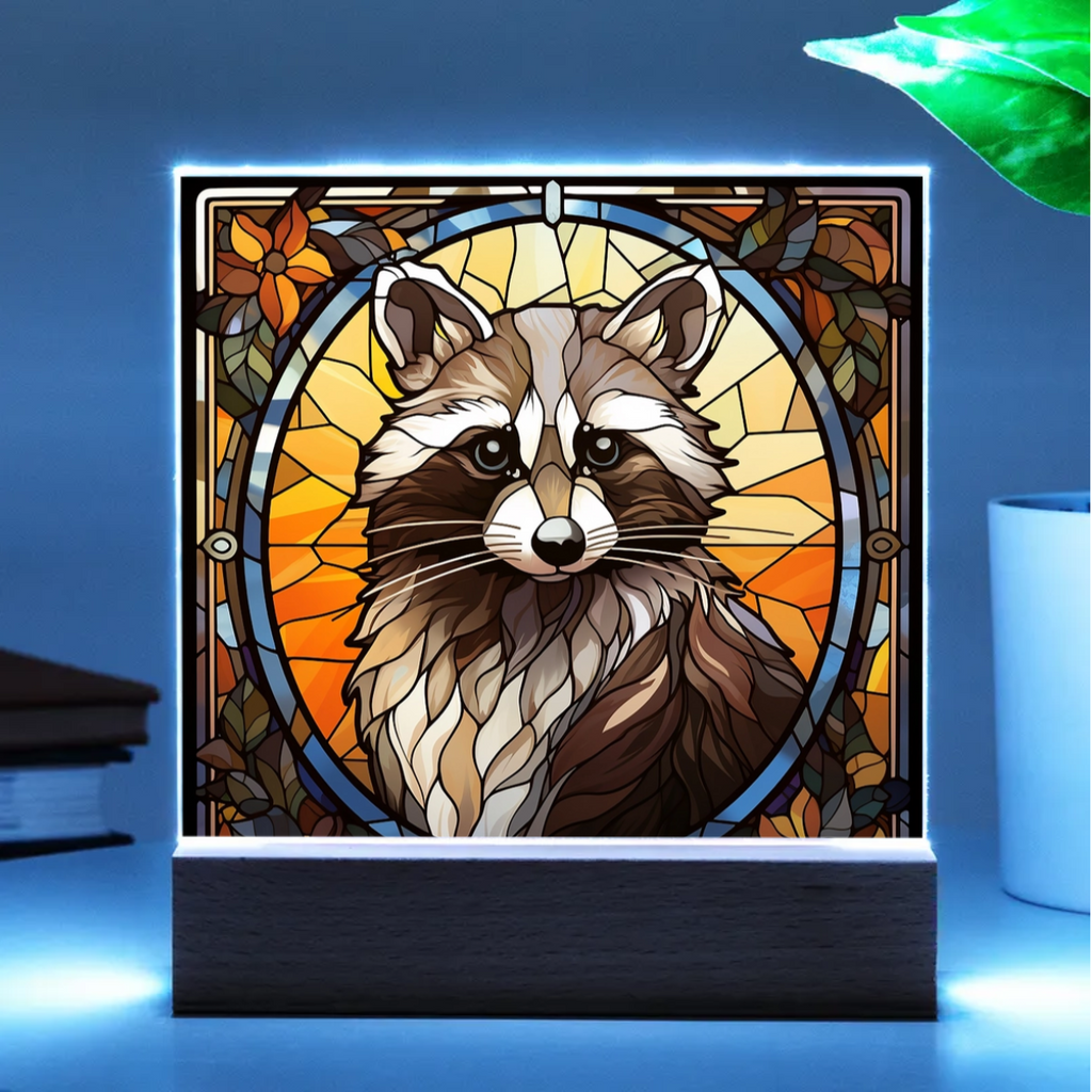 Raccoon Stained Glass Acrylic LED Light Plaque – Custom Animal Art Gift with Wooden Base