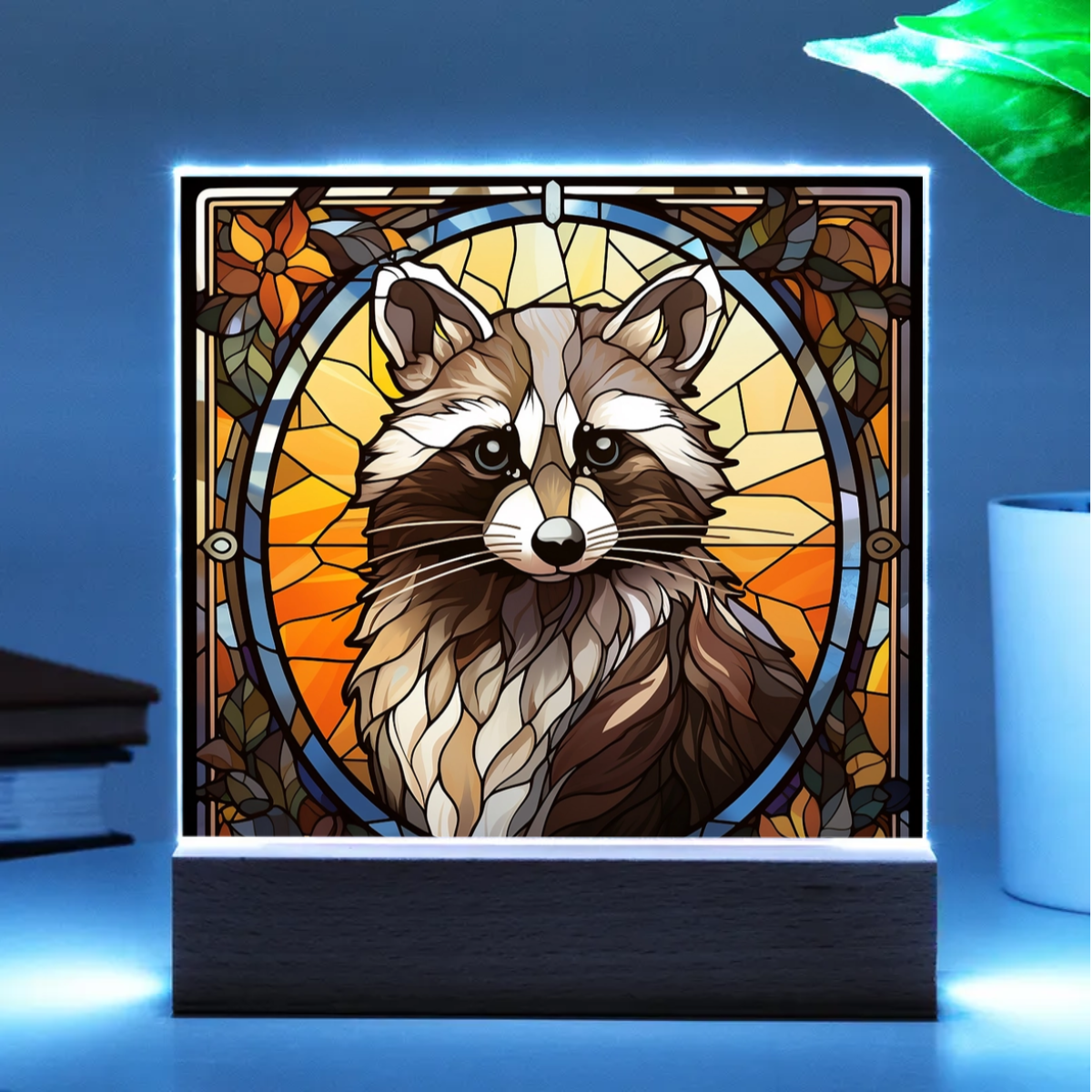 Raccoon Stained Glass Acrylic LED Light Plaque – Custom Animal Art Gift with Wooden Base