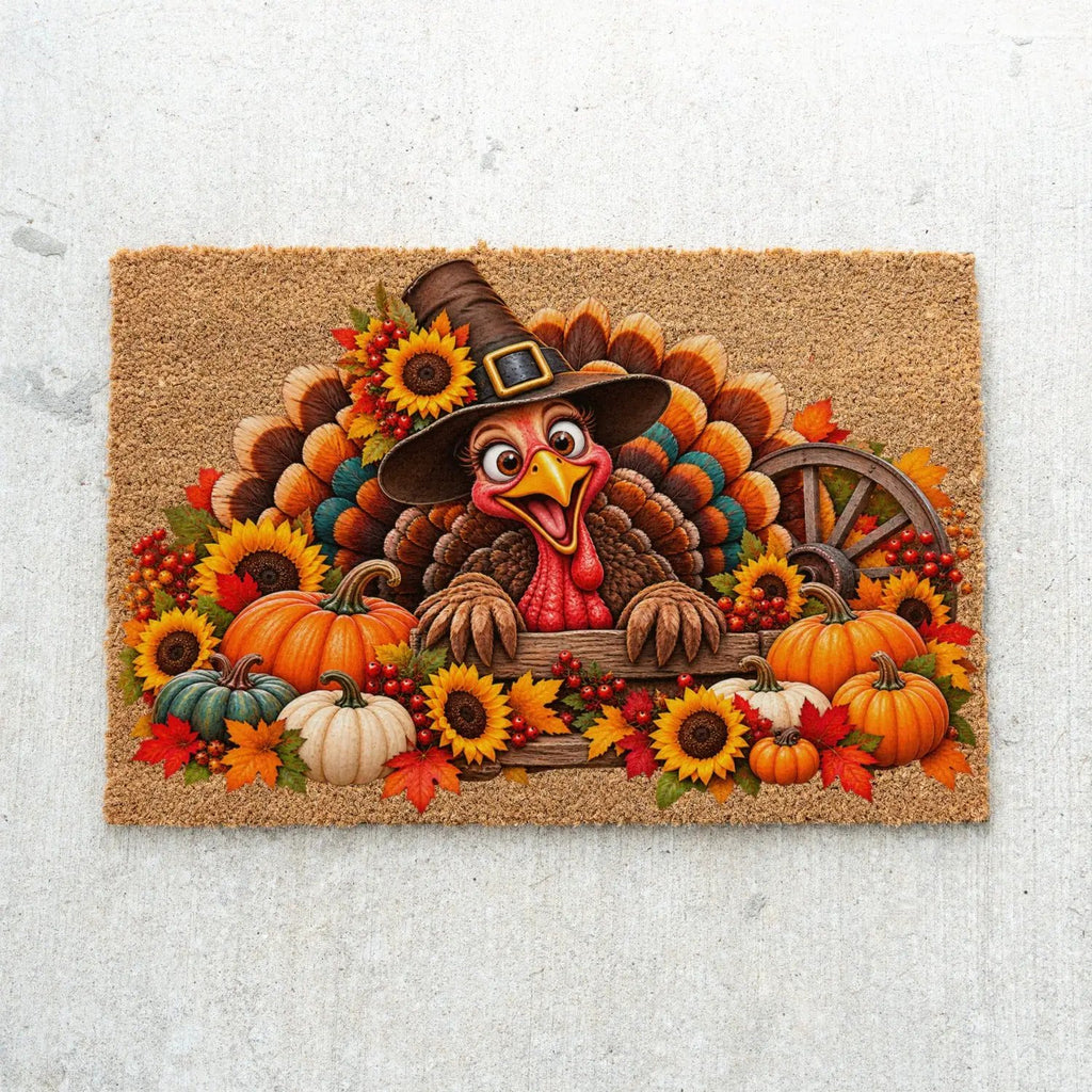 Thanksgiving Turkey Doormat, Funny Turkey Coir Mat, Fall Harvest Welcome Mat, Pumpkin & Sunflower Porch Decor, Thanksgiving Door Mat