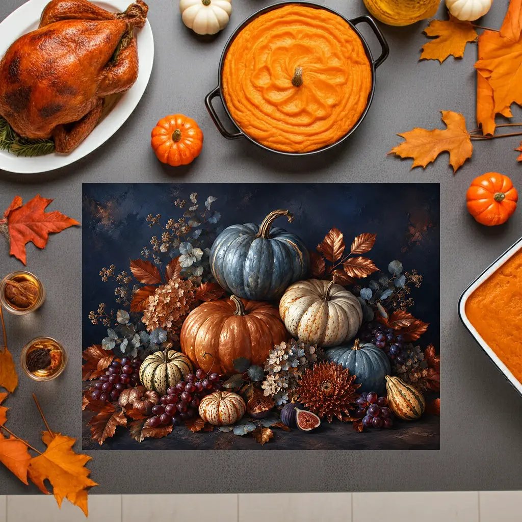 Blue Pumpkin Glass Cutting Board, Elegant Fall Kitchen Decor, Autumn Harvest Cutting Board, Thanksgiving Kitchen Gift