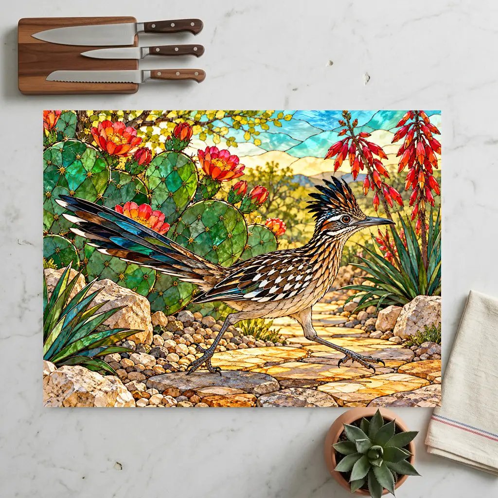 Roadrunner Glass Cutting Board, Desert Bird Kitchen Decor, Southwestern Cactus Chopping Board, Wildlife Lover Gift, Kitchen Counter Accent