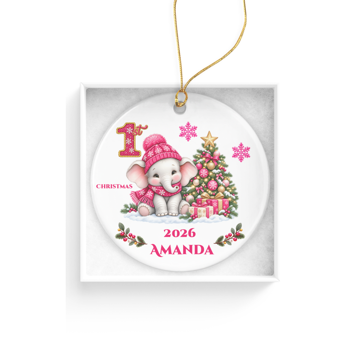 Elephant Baby Personalized Christmas Ornament, Baby's 1st 2nd 3rd Christmas, Custom Name Year Ceramic Keepsake, Girl Gift