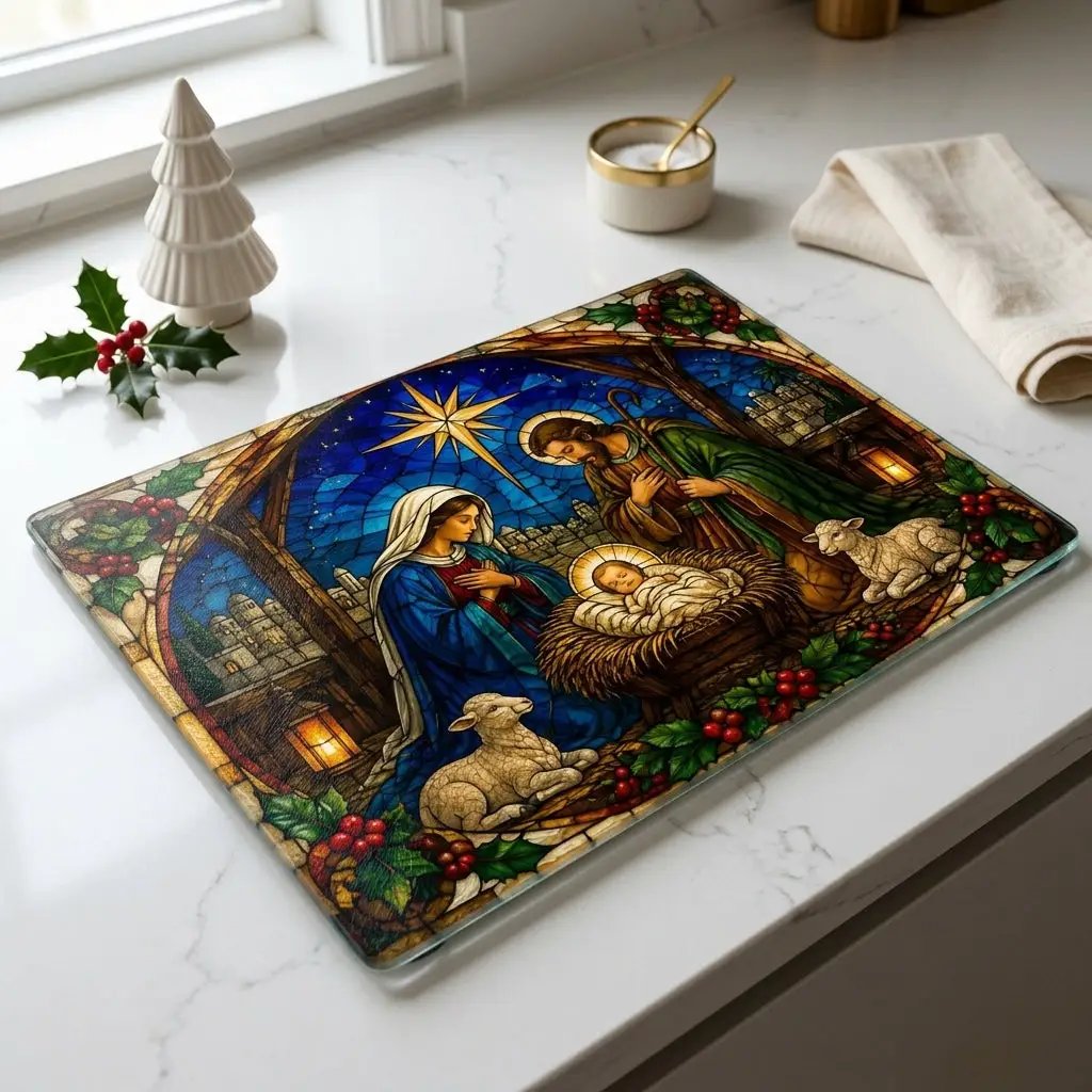 Nativity Glass Cutting Board, Christian Christmas Decor, Manger Scene Cutting Board, Religious Christmas Gift, Stained Glass Nativity
