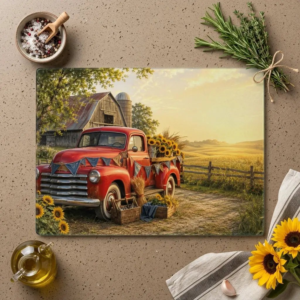 Red Vintage Truck Glass Cutting Board, Sunflower Farmhouse Kitchen Decor, Country Harvest Cutting Board, Rustic Farmhouse Gift