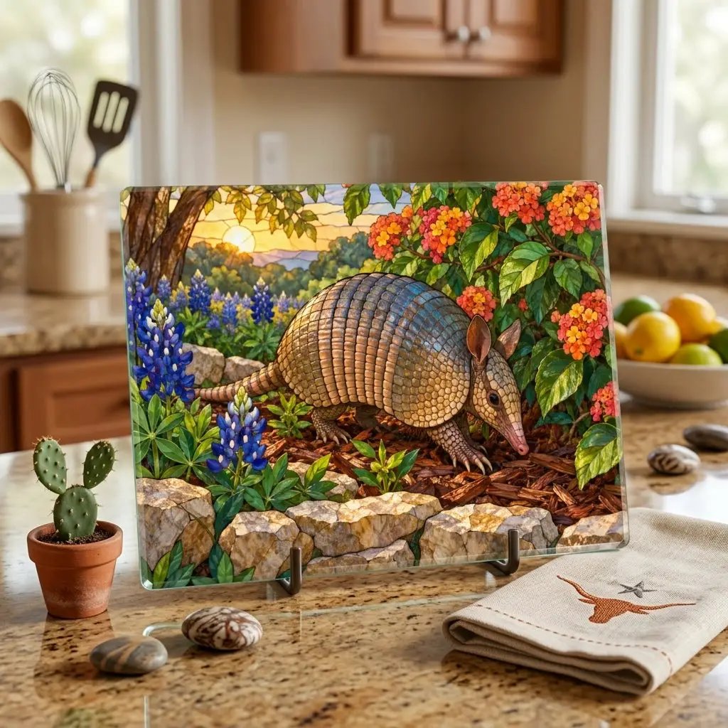 Armadillo Glass Cutting Board, Texas Kitchen Decor, Bluebonnet Armadillo Gift, Stained Glass Style Wildlife Art, Texas Housewarming Gift