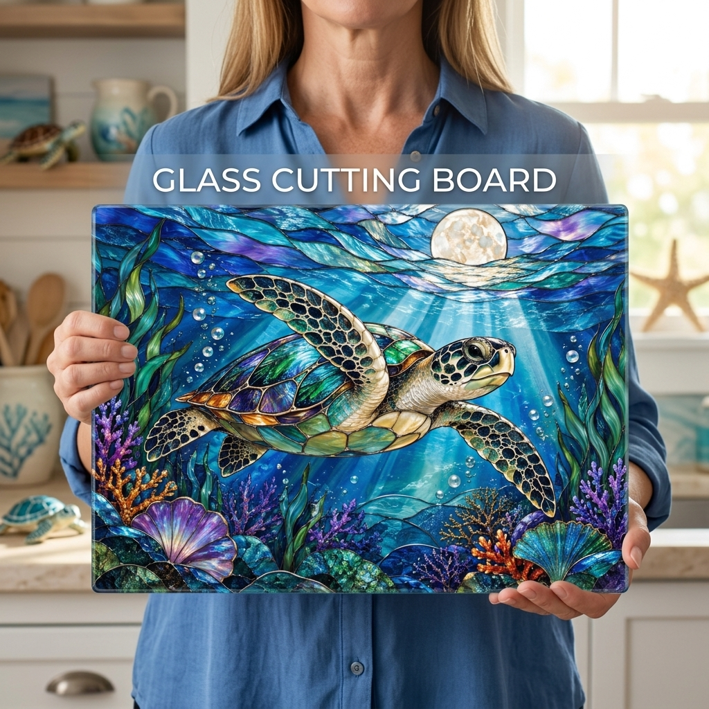 Sea Turtle Cutting Board, Ocean Kitchen Decor, Underwater Sea Life Chopping Board, Moonlit Marine Animal Gift, Coastal Kitchen Accent