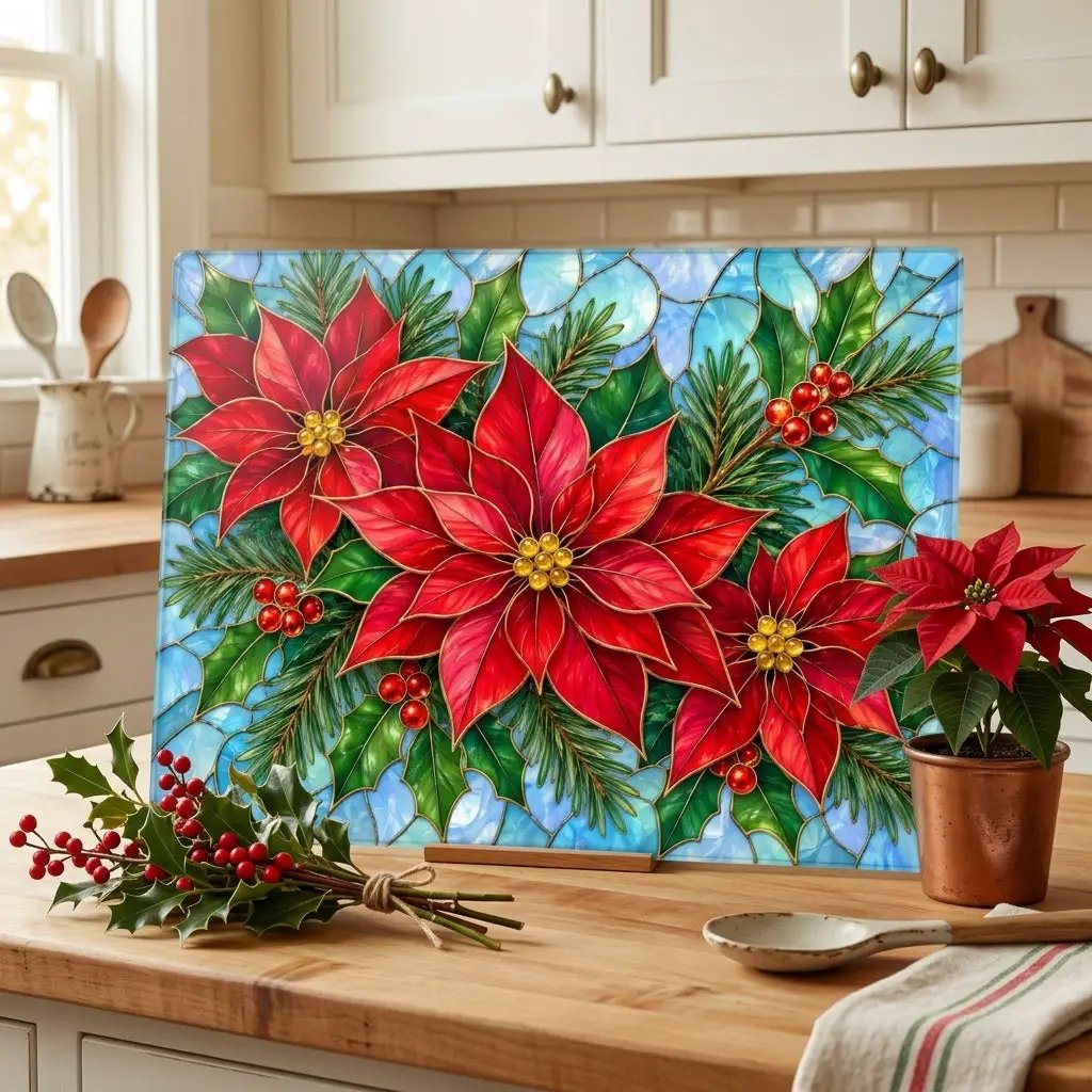 Christmas Poinsettia Glass Cutting Board, Evergreen Holiday Kitchen Decor, Red Floral Serving Board, Festive Winter Cooking Gift Idea
