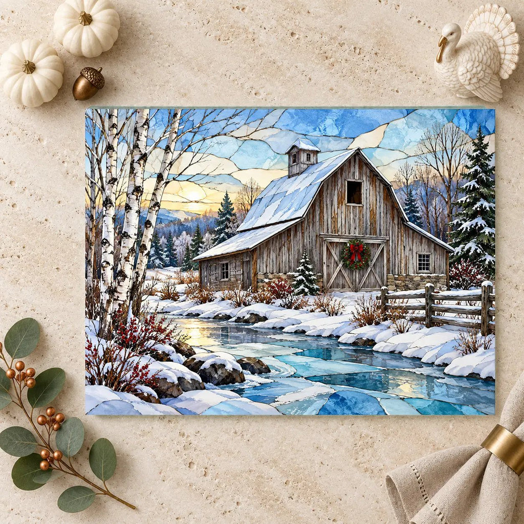 Country Winter Barn Glass Cutting Board, Snowy Farmhouse Kitchen Decor, Rustic Christmas Gift, Winter Barn Kitchen Board