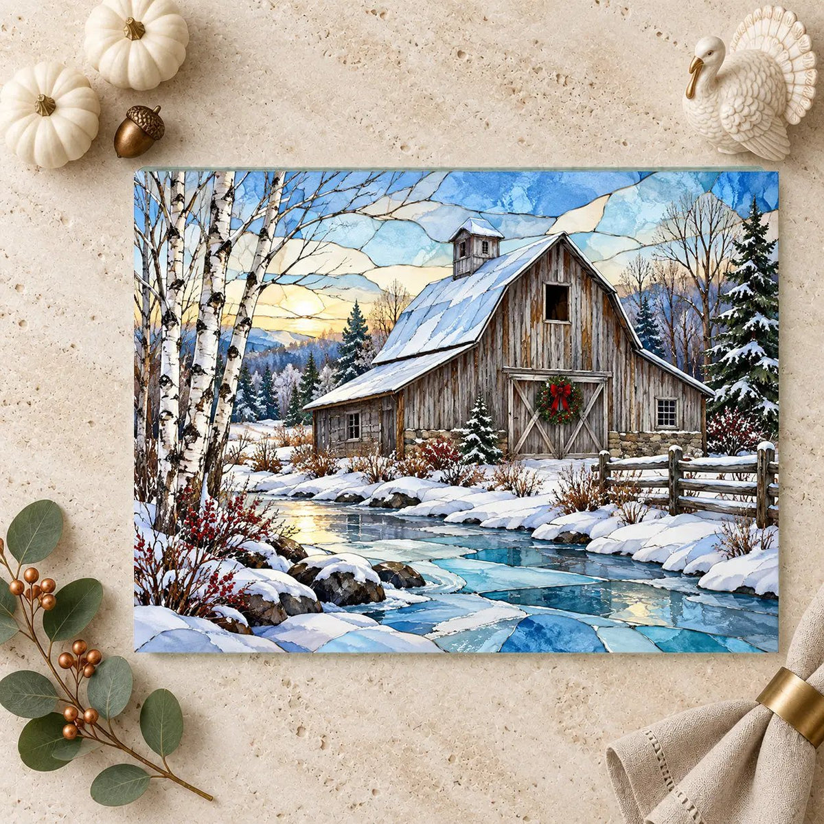 Country Winter Barn Glass Cutting Board, Snowy Farmhouse Kitchen Decor, Rustic Christmas Gift, Winter Barn Kitchen Board